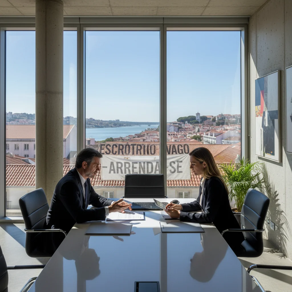 A photorealistic image depicting a professional dispute between a commercial tenant and a landlord in a modern Portuguese office building, symbolizing the rights and obligations in a commercial eviction process. Show two adults in business attire engaged in a serious discussion, with subtle elements like a lease agreement on a table and a 'For Lease' sign outside the window, evoking the tension of eviction without focusing on legal documents directly.