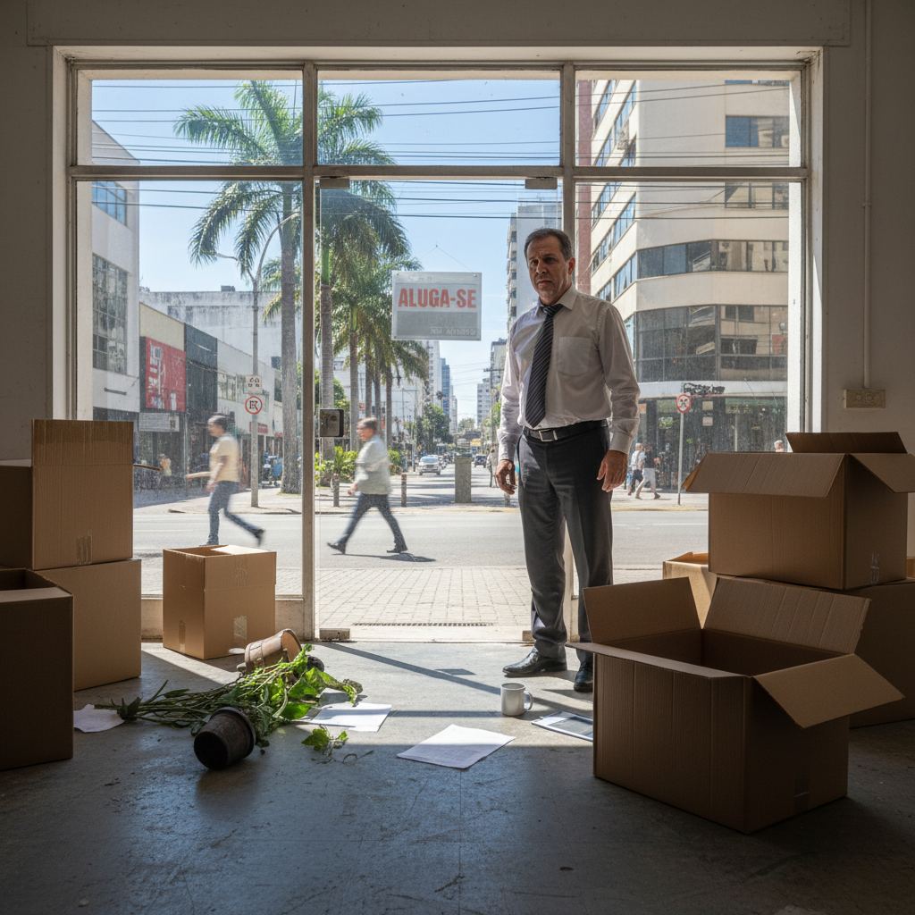A photorealistic image depicting a tense commercial eviction scene in Brazil, showing an adult business owner looking worried while packing boxes in a small empty storefront with a 'For Rent' sign on the window, under a bright urban Brazilian street setting, no children present.