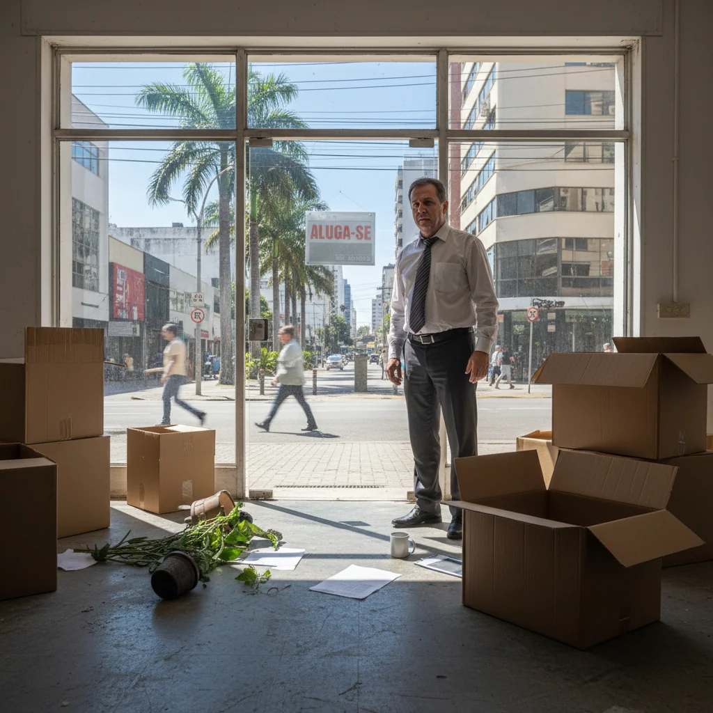 A photorealistic image depicting a tense commercial eviction scene in Brazil, showing an adult business owner looking worried while packing boxes in a small empty storefront with a 'For Rent' sign on the window, under a bright urban Brazilian street setting, no children present.