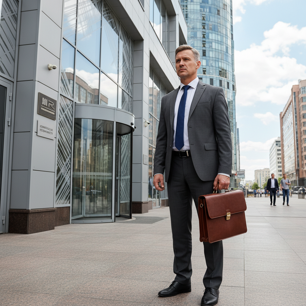 A photorealistic image of a professional businessperson standing outside a modern commercial building in Russia, looking determined while holding a briefcase, symbolizing the process of eviction notice for a commercial property.