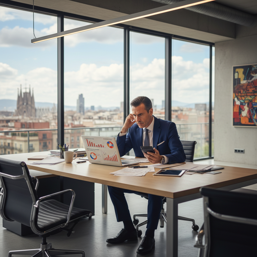 A photorealistic image of a professional business owner in a modern commercial office space in Spain, looking concerned while reviewing financial statements on a desk, with subtle elements like a lease agreement in the background but no focus on documents, evoking the tension of a commercial lease dispute over non-payment.