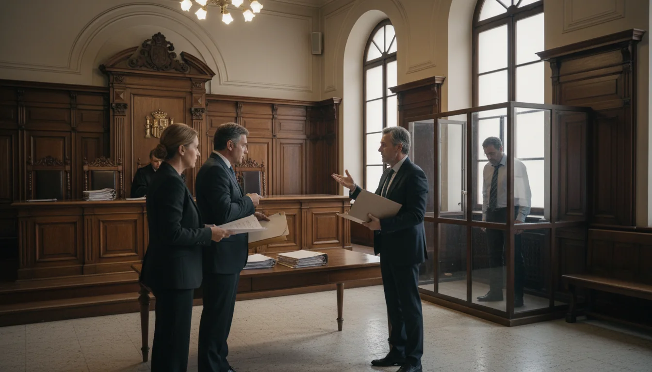 Spanish courtroom eviction hearing.