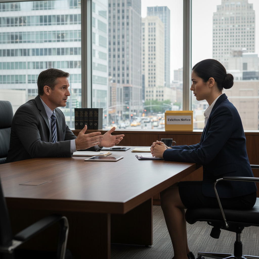 A photorealistic image depicting a tense commercial dispute scene in a modern office or courtroom setting, with a frustrated business owner in a suit discussing eviction matters with a stern lawyer or tenant representative across a desk, surrounded by subtle elements like a commercial property lease document and city skyline view from a window, conveying the legal process of evicting from commercial spaces without focusing on the document itself, no children present.