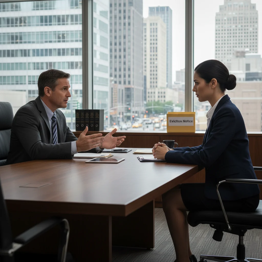 A photorealistic image depicting a tense commercial dispute scene in a modern office or courtroom setting, with a frustrated business owner in a suit discussing eviction matters with a stern lawyer or tenant representative across a desk, surrounded by subtle elements like a commercial property lease document and city skyline view from a window, conveying the legal process of evicting from commercial spaces without focusing on the document itself, no children present.