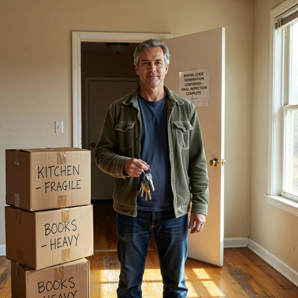A photorealistic image of an adult person looking relieved and empowered while packing boxes in a modern apartment, symbolizing the process of ending a rental agreement and moving out, with natural lighting and realistic details, no children present.