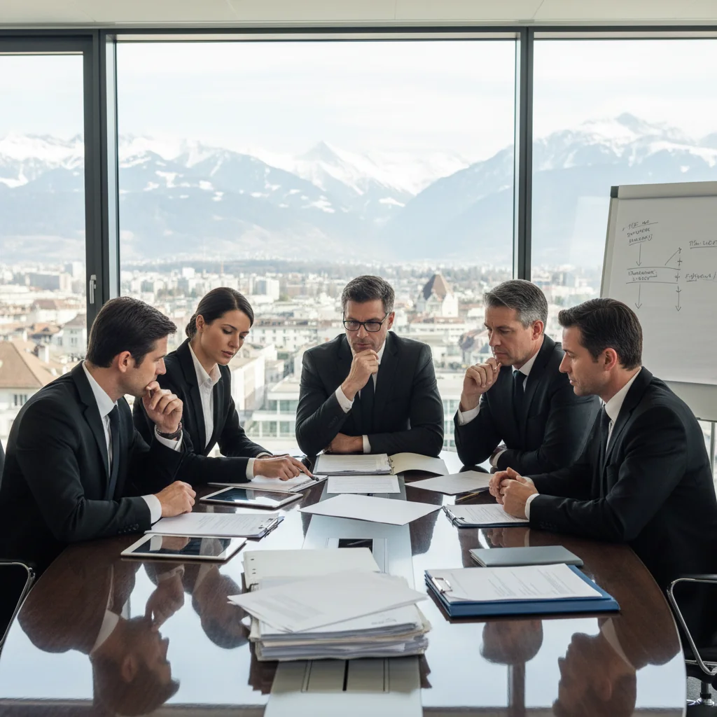 A photorealistic image of a professional business meeting in a modern Swiss office building, with adults discussing commercial lease termination over documents at a conference table, evoking themes of legal business decisions in Switzerland. No children present.