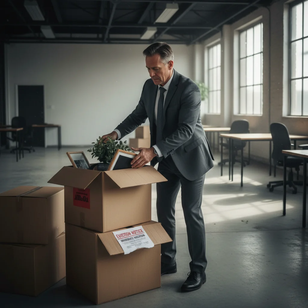 A photorealistic image depicting a professional adult individual looking concerned while packing boxes and preparing to vacate a modern empty commercial office space, symbolizing eviction from non-residential premises. The scene captures the emotional weight of relocation without showing any legal documents.