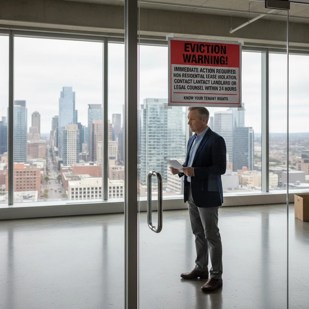 A photorealistic image of a concerned adult businessperson in a modern office space, looking at a notice on the door indicating eviction warning, symbolizing tenant rights in a commercial rental dispute, with no children present.