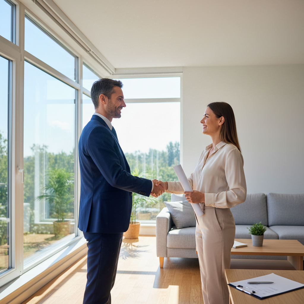 A photorealistic image of a professional adult landlord and tenant shaking hands amicably in a modern apartment setting, symbolizing a smooth and legal move-out process without any conflict or documents visible.