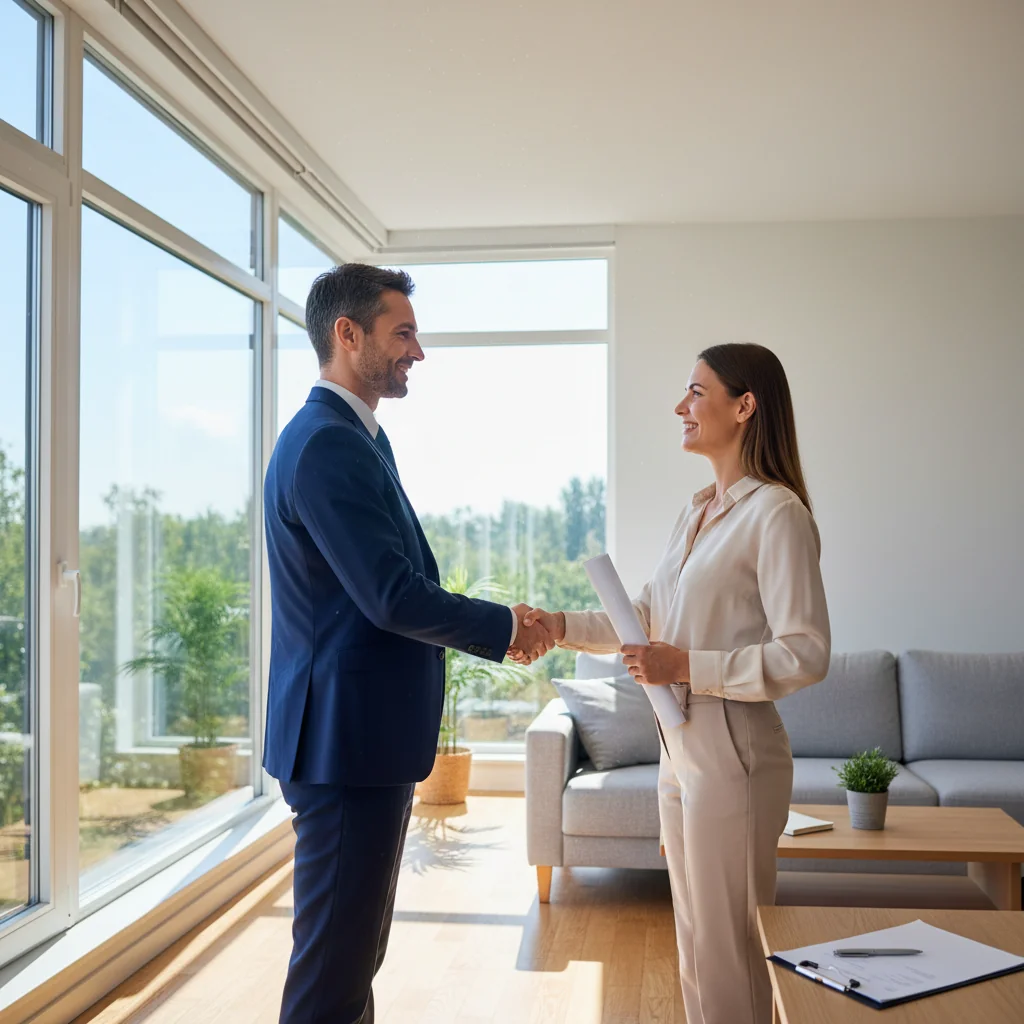 A photorealistic image of a professional adult landlord and tenant shaking hands amicably in a modern apartment setting, symbolizing a smooth and legal move-out process without any conflict or documents visible.