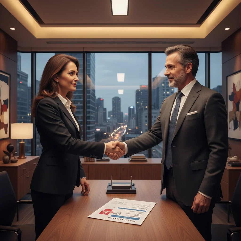 A photorealistic image of two professional business adults, a man and a woman in business attire, shaking hands across a modern office desk with a commercial lease agreement in the background, symbolizing rights and obligations in commercial eviction notices for business contracts. The scene conveys trust, negotiation, and partnership in a professional setting.