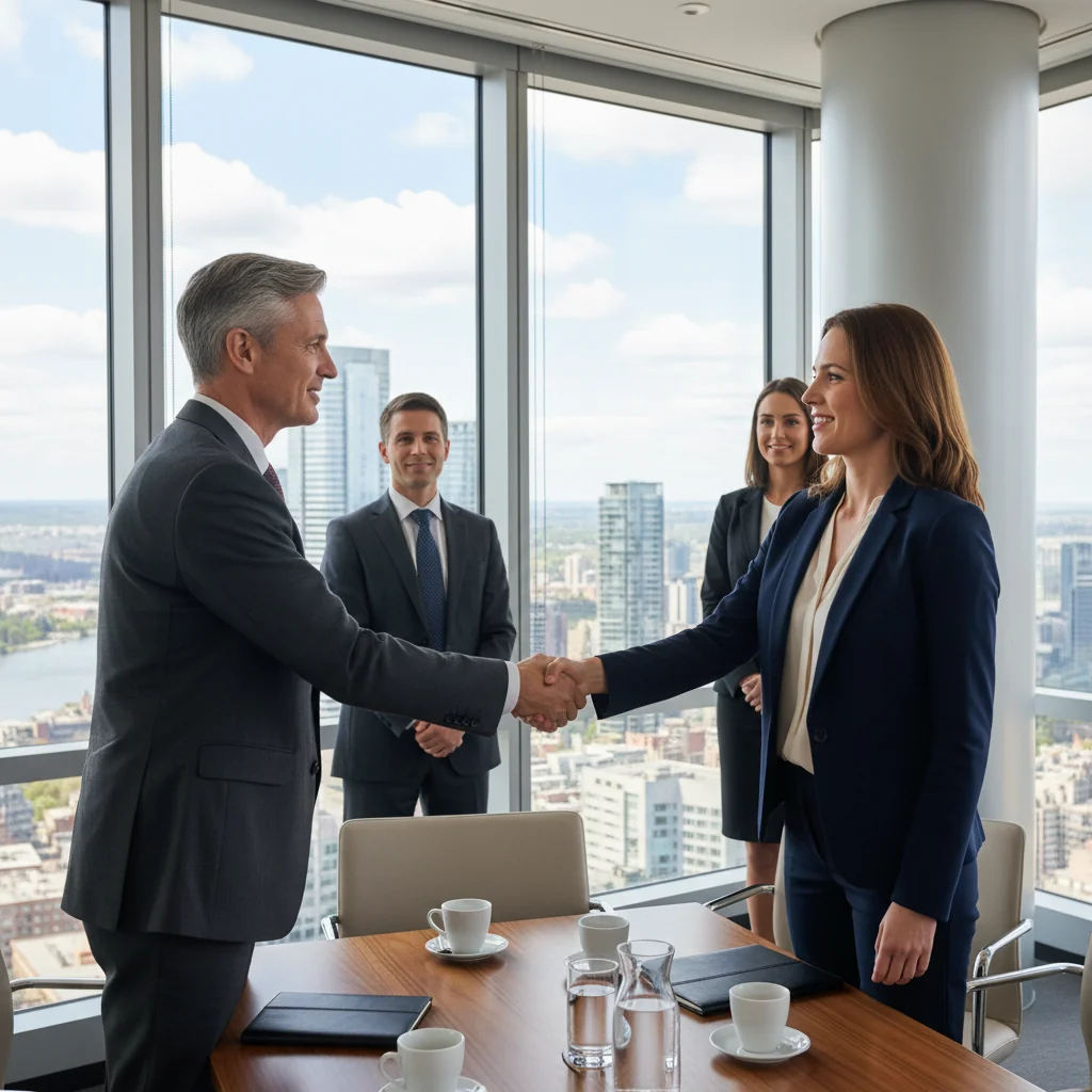 A photorealistic image of a professional business meeting in a modern Canadian office setting, where a landlord and tenant are shaking hands over a conference table, symbolizing the end of a commercial lease agreement, with city skyline visible through large windows, conveying a sense of resolution and business transition.