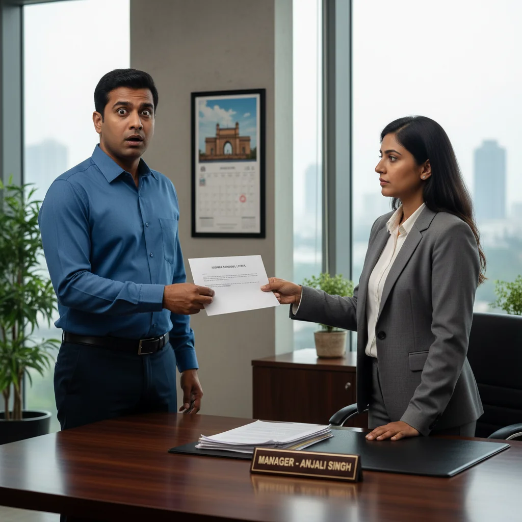 A photorealistic image depicting a professional workplace scene in India, showing an adult employee in business attire receiving a termination notice from a manager in an office setting, symbolizing employee dismissal rules, with Indian cultural elements like traditional decor in the background, no children present.