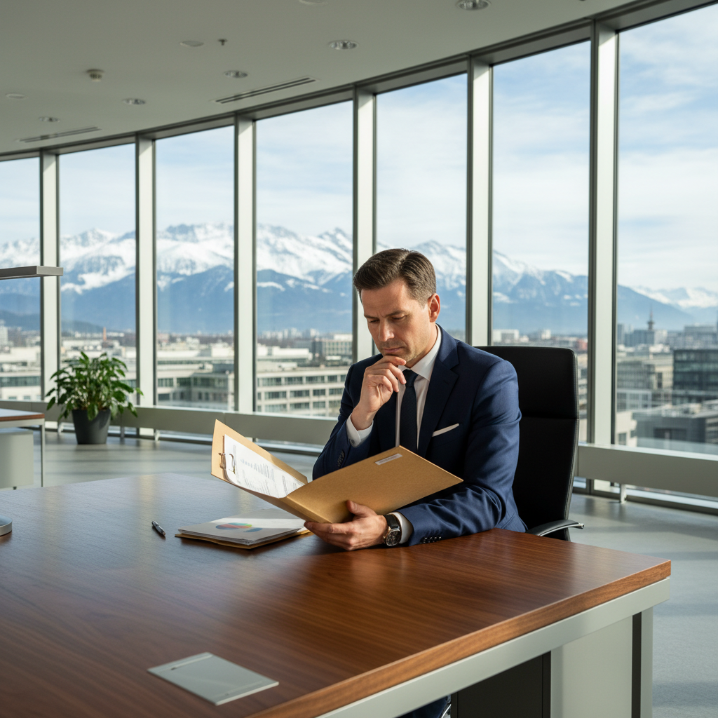 A photorealistic image of a professional businessperson in a modern commercial office space in Switzerland, looking thoughtful while reviewing paperwork at a desk with large windows showing Swiss Alps in the background, symbolizing the end of a lease for business premises.