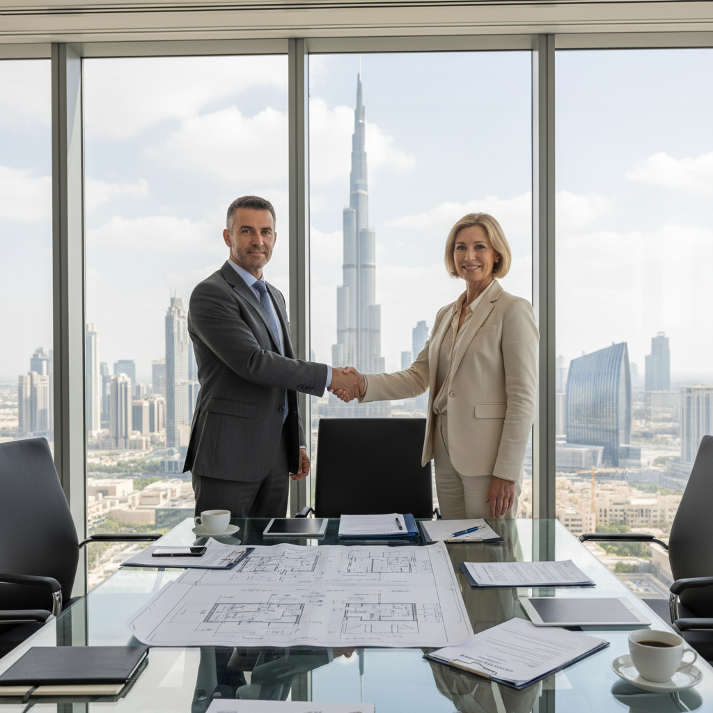 A photorealistic image depicting a professional business setting in the UAE, such as a modern office in Dubai with the Burj Khalifa visible through the window, showing a business owner or manager calmly discussing relocation plans with a colleague, symbolizing the importance of commercial eviction notices in facilitating smooth business transitions, no children present.