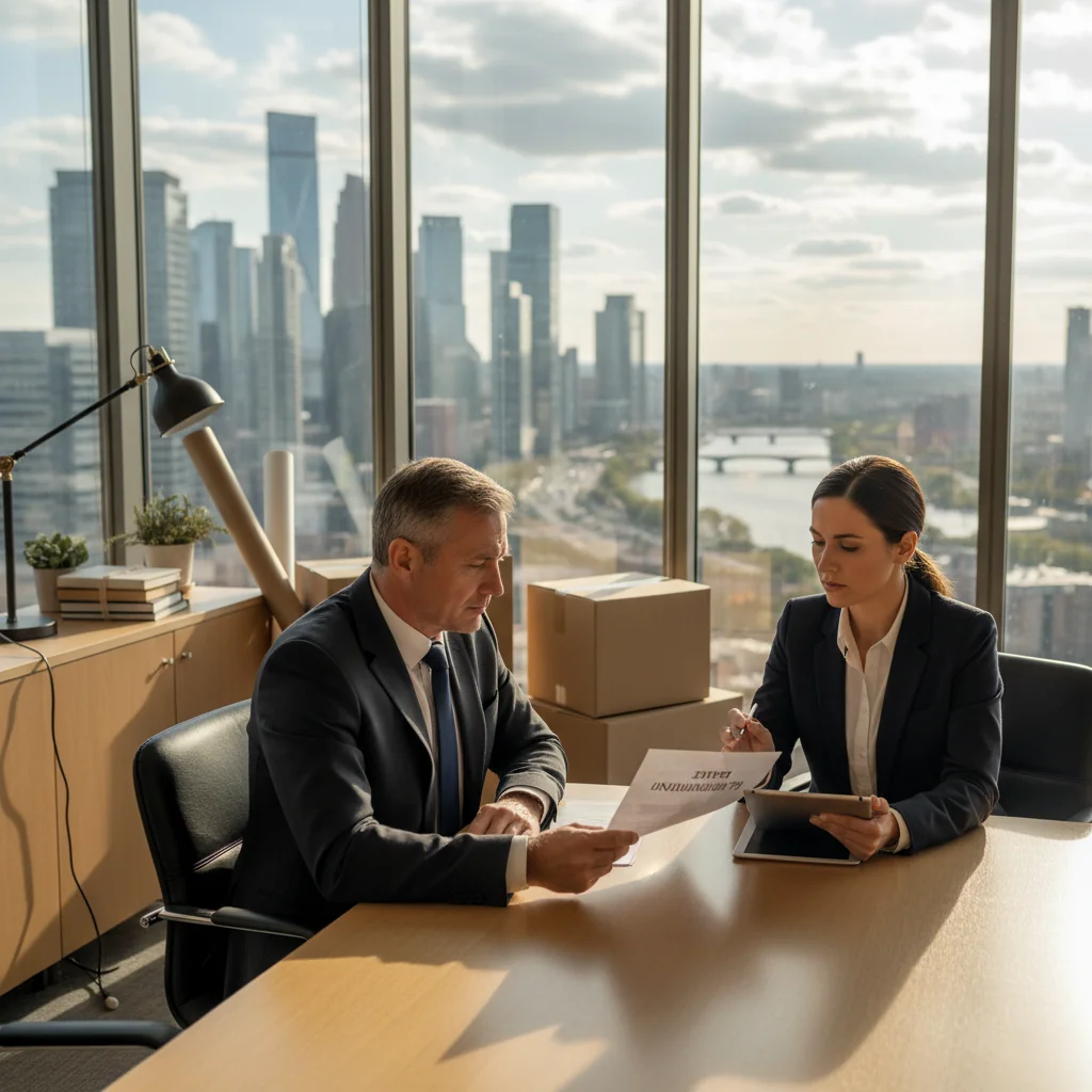 A photorealistic image of a professional commercial real estate scene, showing an adult business owner or tenant in a modern office space receiving a formal eviction notice from a landlord, with elements like a lease agreement discussion, empty desks symbolizing relocation, and a city skyline in the background, conveying the tension and legal process of commercial eviction without focusing on the document itself.
