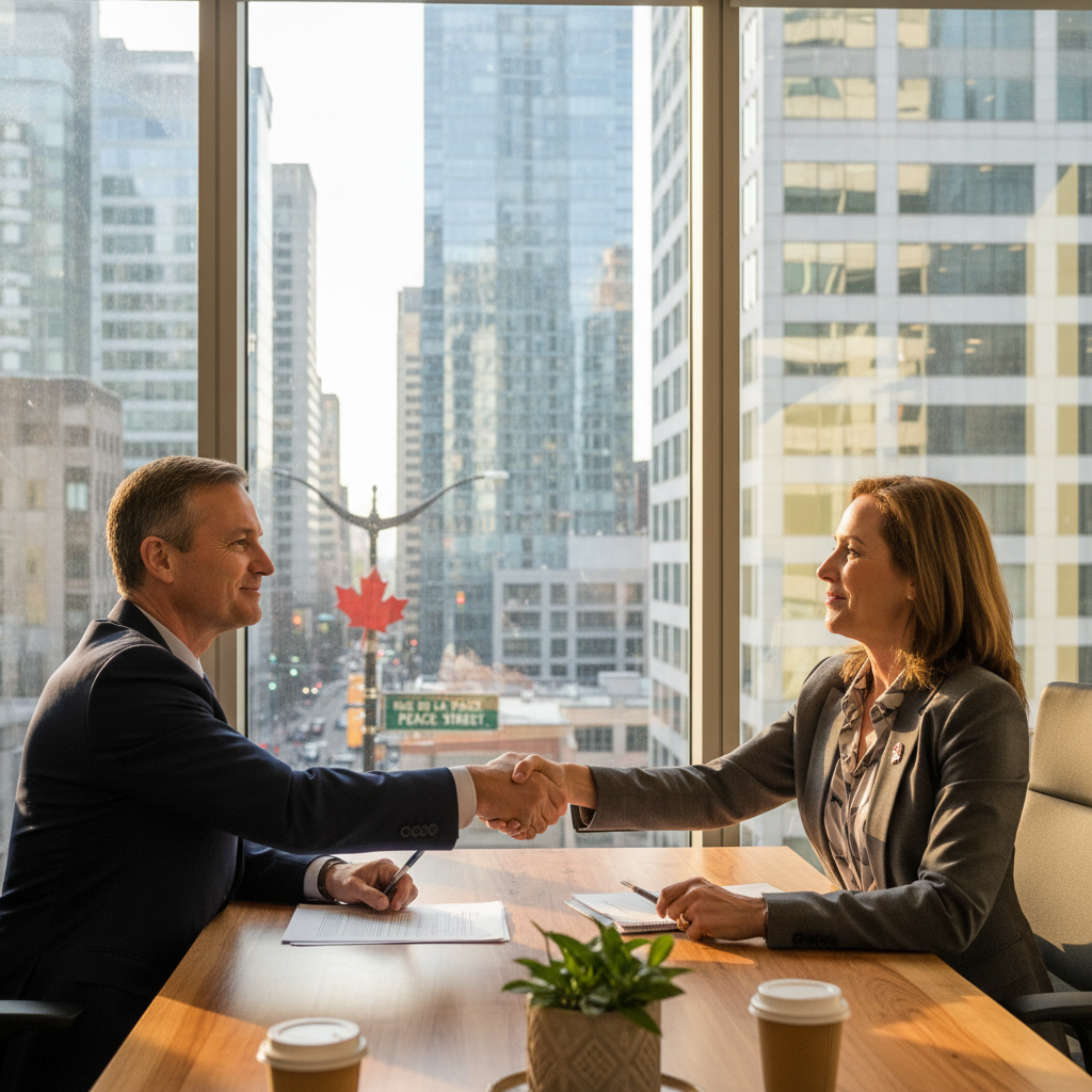 A photorealistic image of a professional business meeting in a modern Canadian office building, showing two adults - a landlord and a tenant - shaking hands across a desk with a city skyline visible through the window, symbolizing the end of a commercial lease agreement without any legal documents visible.