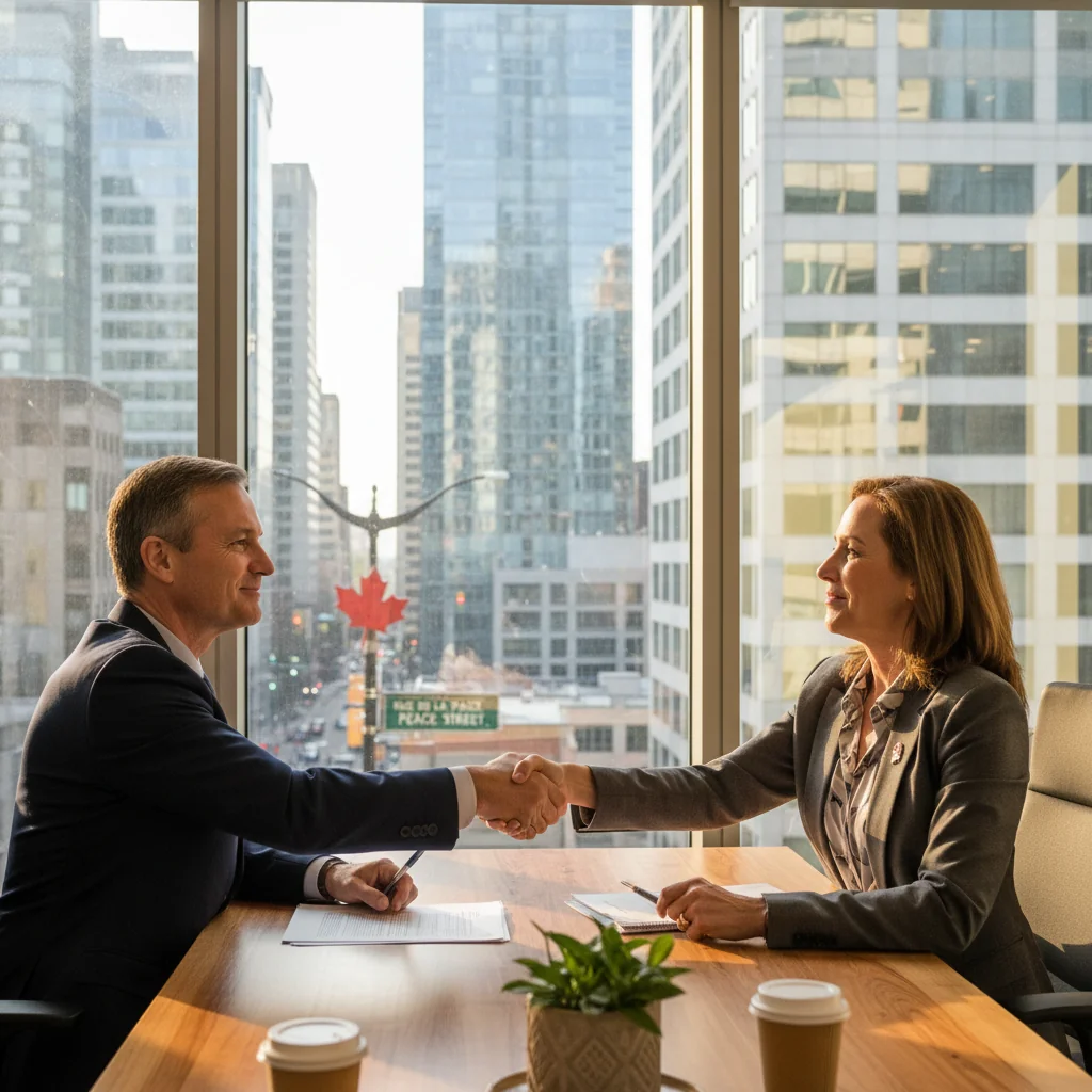 A photorealistic image of a professional business meeting in a modern Canadian office building, showing two adults - a landlord and a tenant - shaking hands across a desk with a city skyline visible through the window, symbolizing the end of a commercial lease agreement without any legal documents visible.