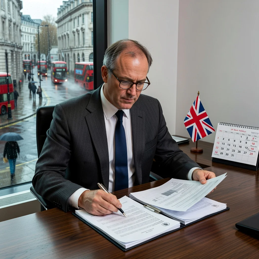A photorealistic image of a concerned adult professional, such as a middle-aged man in business attire, sitting at a desk in a modern office, reviewing paperwork with a serious expression, symbolizing responding to a legal notice like a forfeiture notice in the UK, with subtle UK elements like a Union Jack flag in the background, no children present.