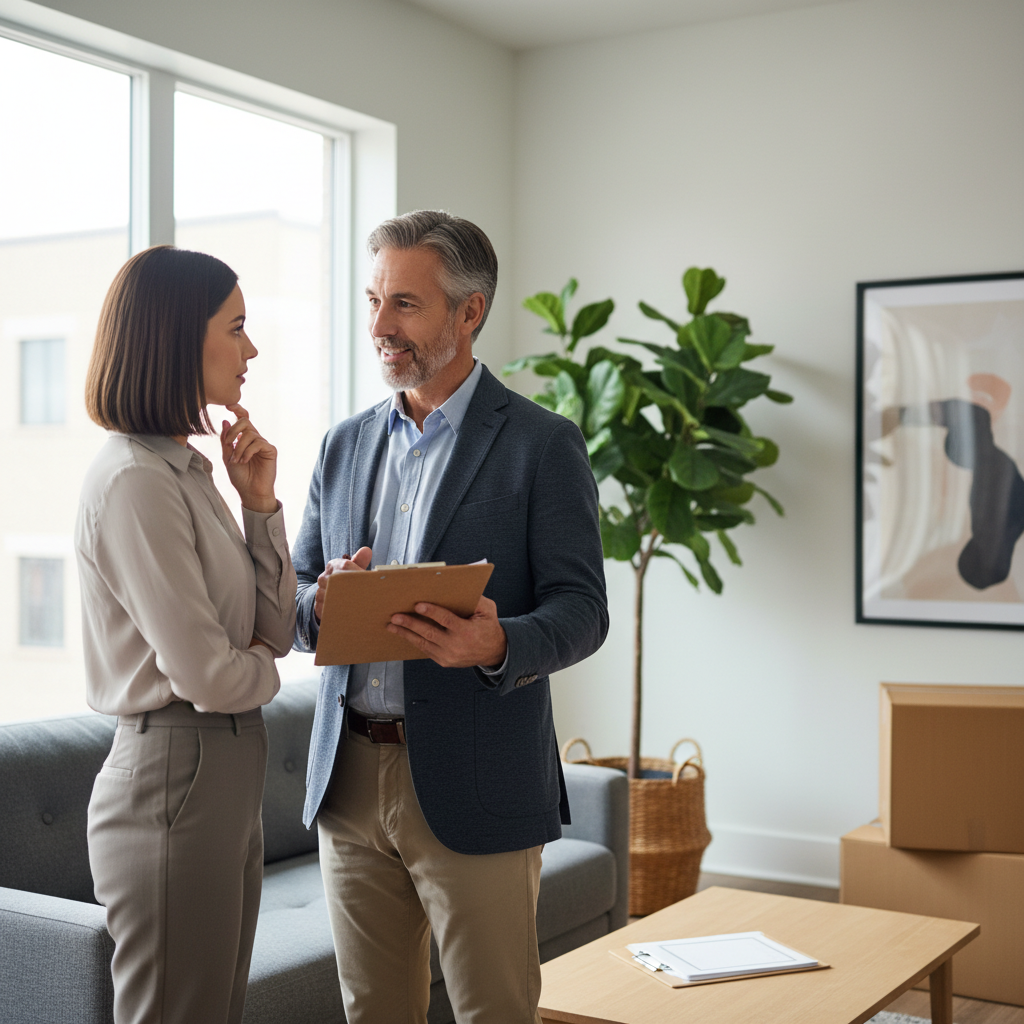 A photorealistic image of a professional adult landlord calmly discussing a move-out notice with an adult tenant in a modern apartment setting, symbolizing the purpose of a commercial eviction notice without showing any documents, children, or graphics.