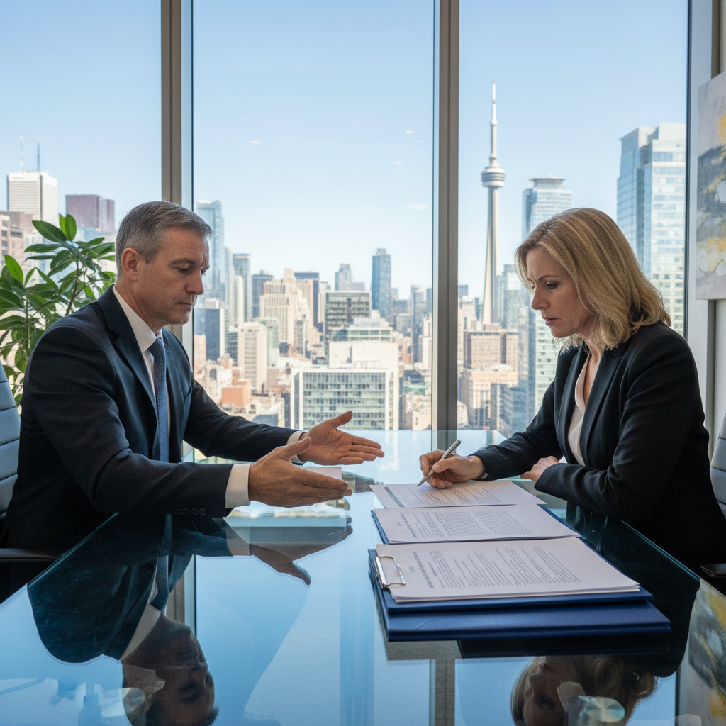 A photorealistic image depicting a tense professional meeting in a modern Canadian office setting, where a landlord and a commercial tenant, both middle-aged adults dressed in business attire, are discussing the end of a lease agreement across a conference table with subtle legal paperwork in the background, conveying caution and professionalism without focusing on the document itself.