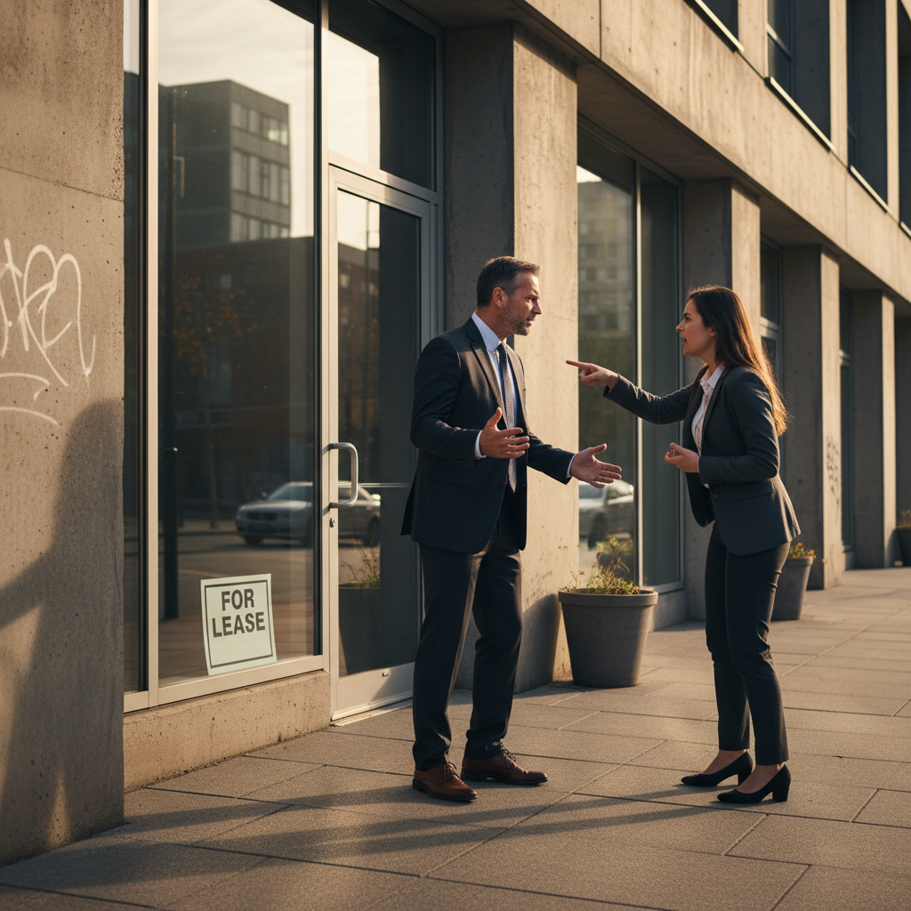 A photorealistic image depicting a tense commercial real estate dispute between a landlord and tenant in a modern urban setting, symbolizing the role of an eviction notice without showing any legal documents. Two adults, one representing the landlord and one the tenant, stand outside a small storefront with a 'For Lease' sign, engaged in a serious discussion, conveying conflict and negotiation.