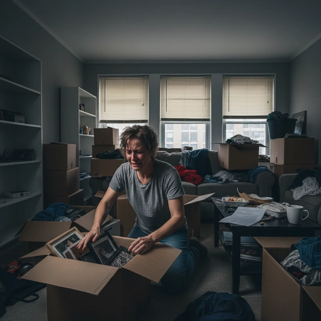 A photorealistic image depicting the consequences of ignoring an eviction notice, showing an adult person looking distressed while packing belongings in a cluttered apartment, with eviction paperwork subtly in the background, emphasizing emotional and practical impacts without focusing on the document itself.