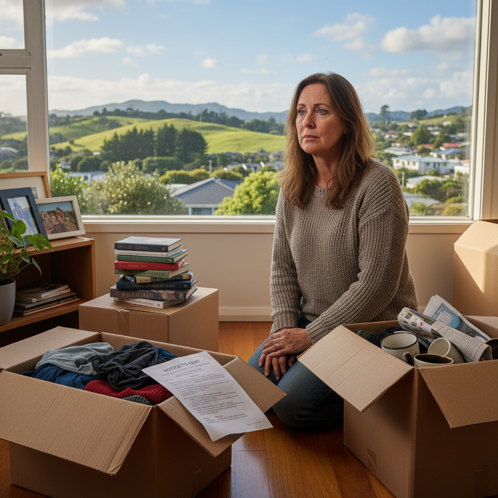 A photorealistic image of a concerned adult tenant packing boxes in a modest New Zealand apartment, symbolizing the process of moving out due to receiving a notice to quit, with subtle New Zealand elements like a view of rolling green hills through the window.