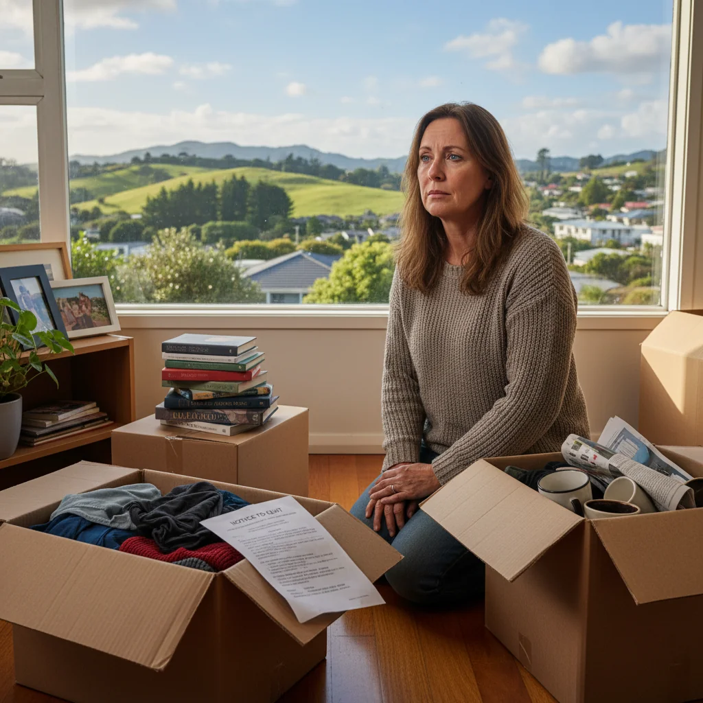 A photorealistic image of a concerned adult tenant packing boxes in a modest New Zealand apartment, symbolizing the process of moving out due to receiving a notice to quit, with subtle New Zealand elements like a view of rolling green hills through the window.