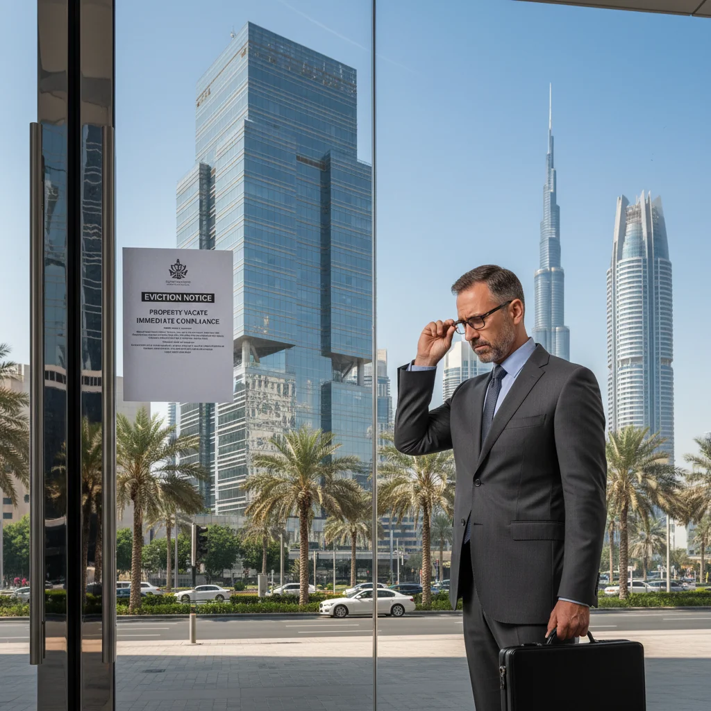 A photorealistic image of a modern commercial office building in Dubai, UAE, with a professional businessperson standing outside reviewing a notice on the door, symbolizing eviction or vacating a commercial property, under a clear blue sky with UAE skyline in the background, no children present.