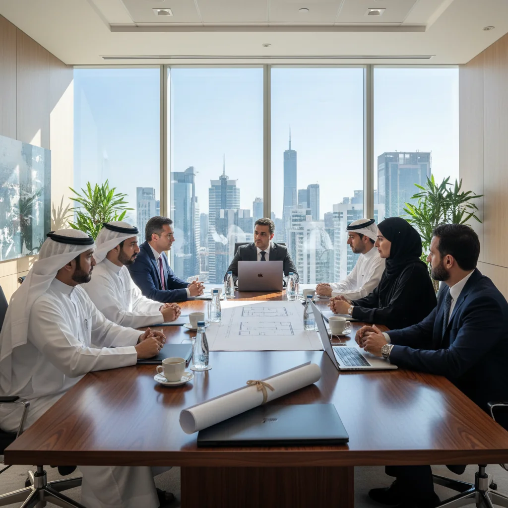 A photorealistic image of a professional business meeting in a modern Saudi Arabian office, where a diverse group of adult business professionals, including men and women in traditional Saudi attire and business suits, are discussing eviction notices for commercial properties, with subtle elements like architectural blueprints and office space models on the table, conveying a sense of legal consultation and commercial real estate management. No children are present. The atmosphere is serious and professional, set against a backdrop of Riyadh's skyline visible through large windows.