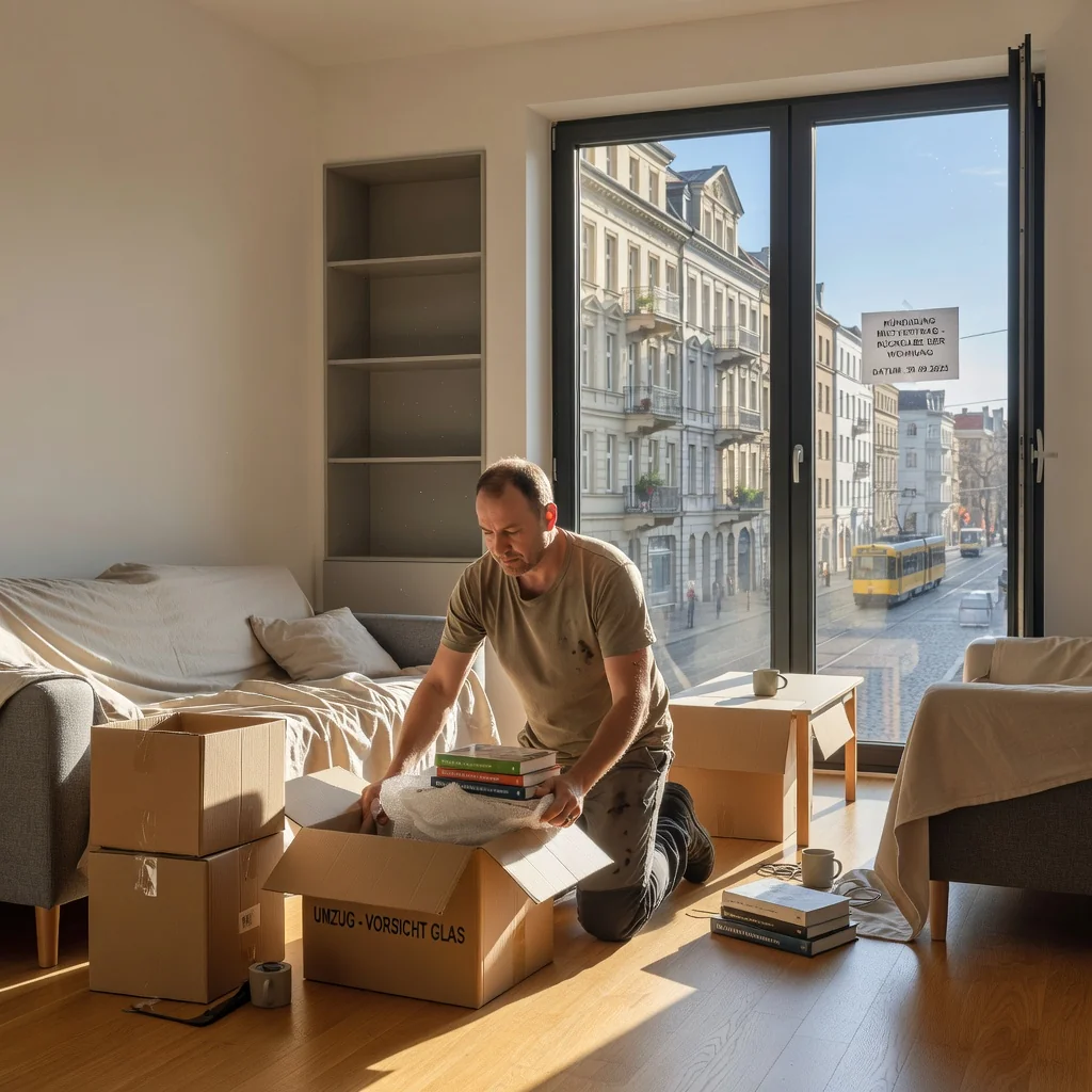 A photorealistic image of an adult tenant packing boxes and preparing to move out of a modern apartment in Germany, symbolizing the end of a rental agreement, with subtle German elements like a flag or street sign in the background, conveying a sense of orderly transition without showing any legal documents.