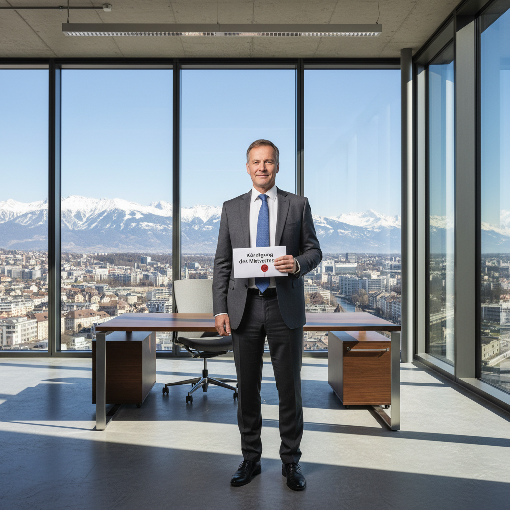 A photorealistic image of a professional businessperson in a modern commercial office space in Switzerland, looking relieved or empowered while reviewing a lease termination notice on a desk, with Swiss Alps visible through a large window in the background, symbolizing the end of a commercial tenancy without focusing on the document itself.