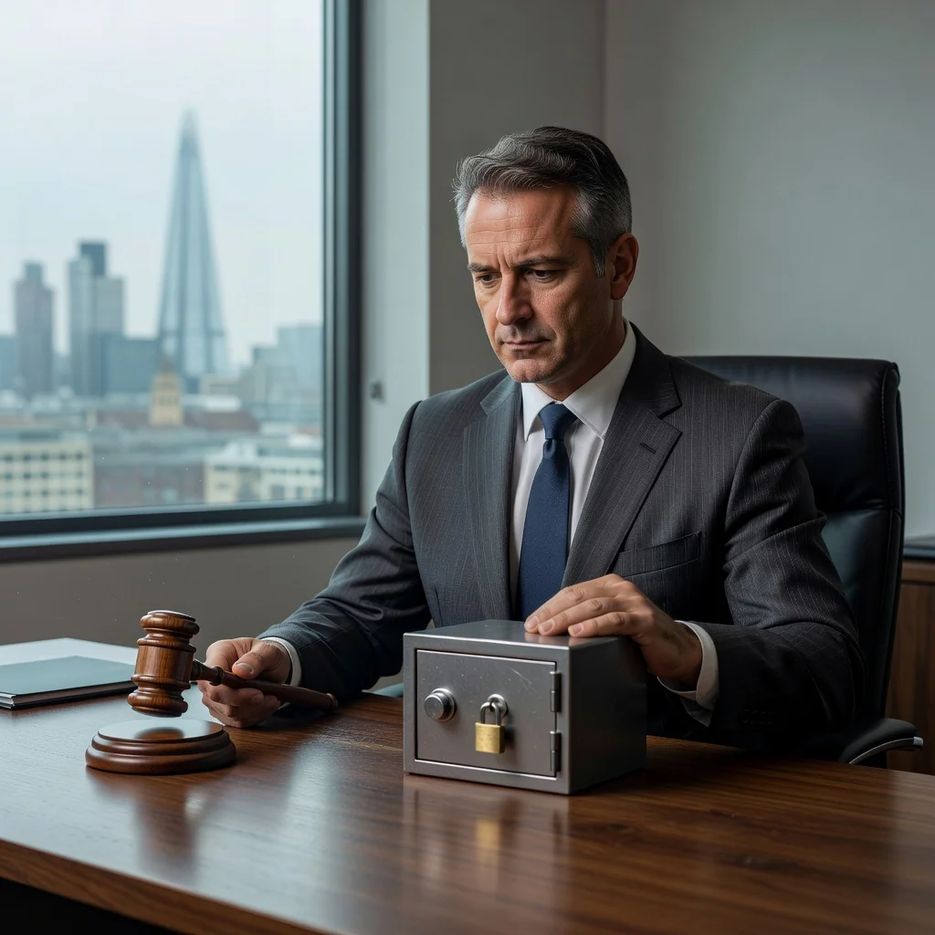 A photorealistic image representing the concept of asset forfeiture in the UK legal system, showing a professional in a modern office examining a gavel and a symbolic locked safe on a desk, with a subtle Union Jack flag in the background, conveying authority and legal proceedings without depicting any documents or children.