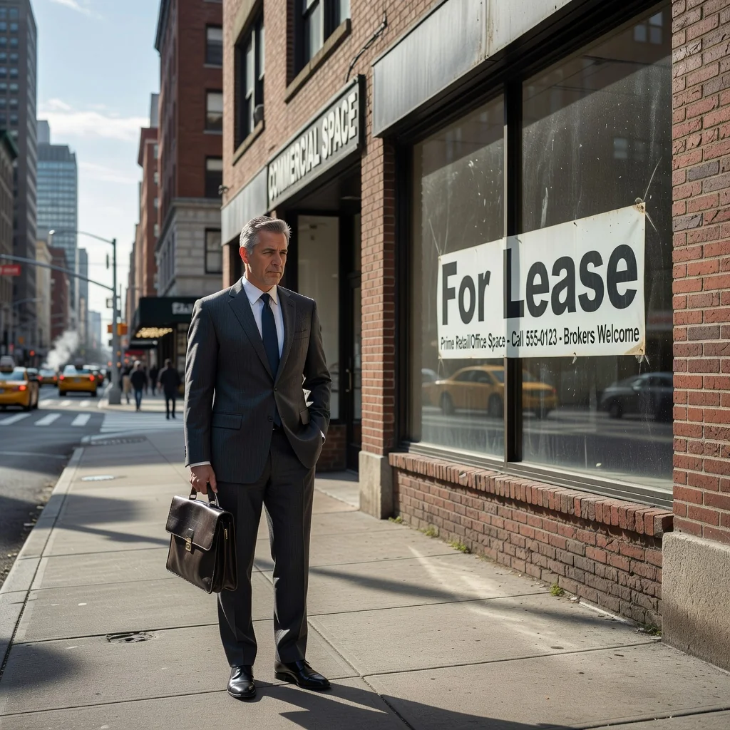 A photorealistic image representing the end of a commercial lease, showing a professional business owner standing outside a modern commercial storefront with a 'For Lease' sign, looking contemplative, symbolizing the notice to quit process in a US urban setting.