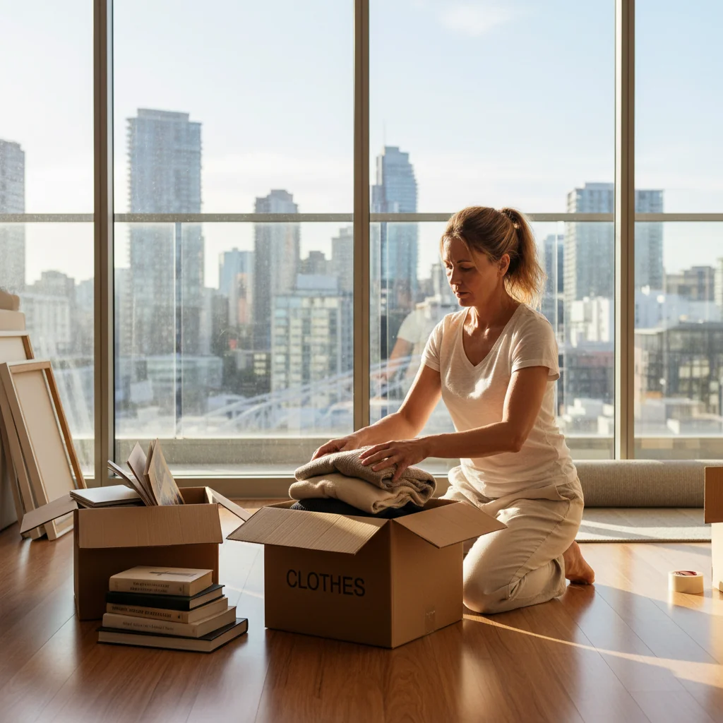 A photorealistic image depicting a professional adult in a modern Australian home, symbolizing the transition during a tenancy notice period. The scene shows an adult packing boxes with household items, standing in a sunlit living room with views of Australian urban landscape outside, evoking a sense of organized change and relocation without any distress.