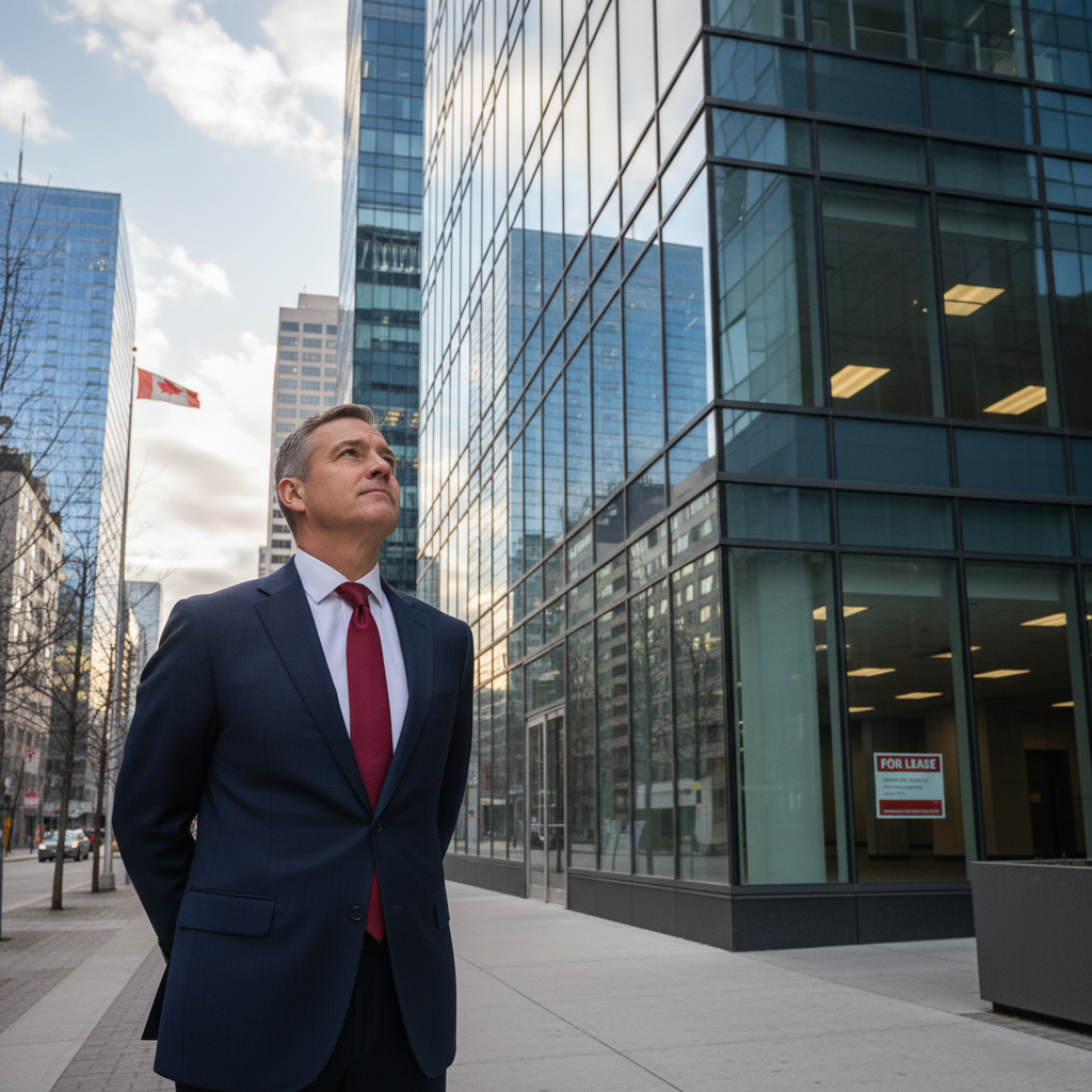 A photorealistic image of a professional business person in a modern commercial office space, symbolizing the end of a commercial tenancy in Canada, with elements like a 'For Lease' sign on a building exterior or an empty office interior, evoking transition and change in business real estate.