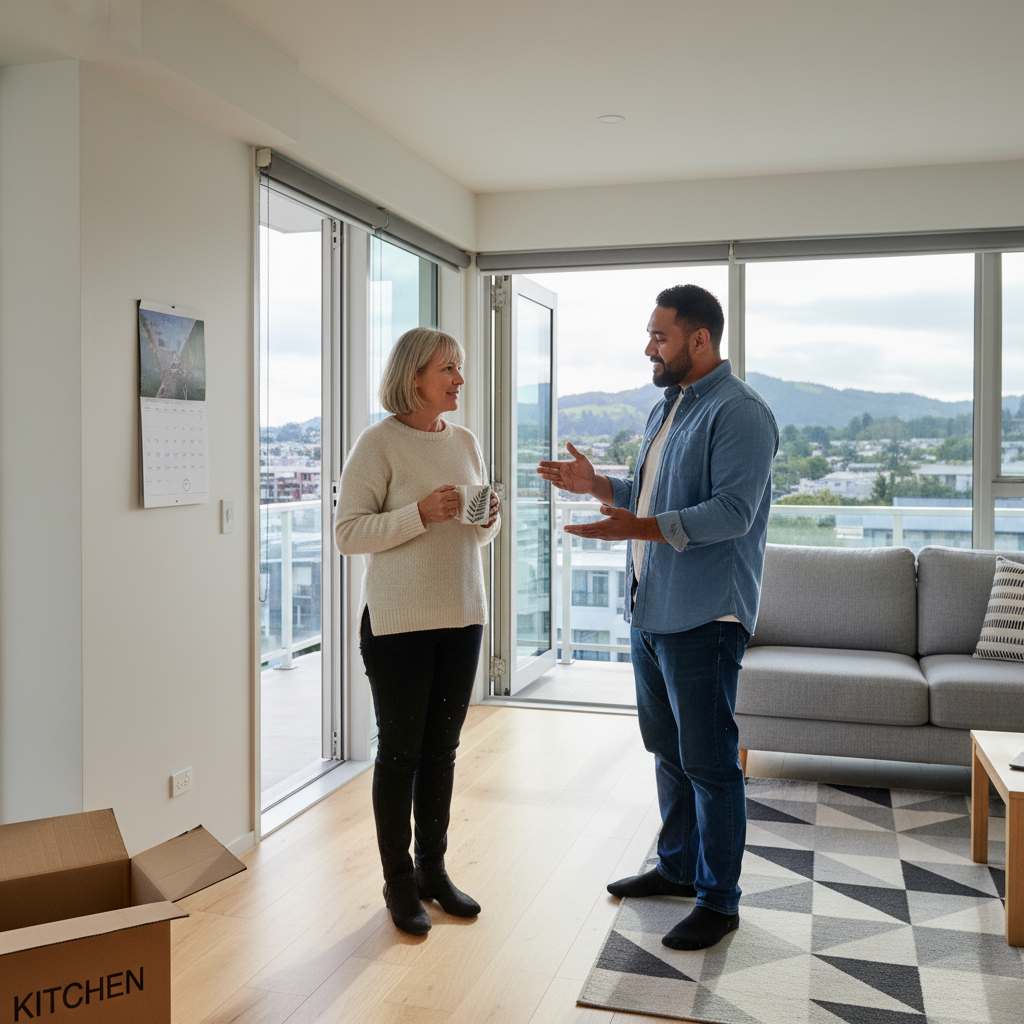 A photorealistic image depicting a professional landlord and tenant in a modern New Zealand apartment, engaged in a calm discussion about tenancy terms, with subtle hints of eviction notice context like a calendar or moving box in the background, emphasizing resolution and legal process without showing any documents. No children present.