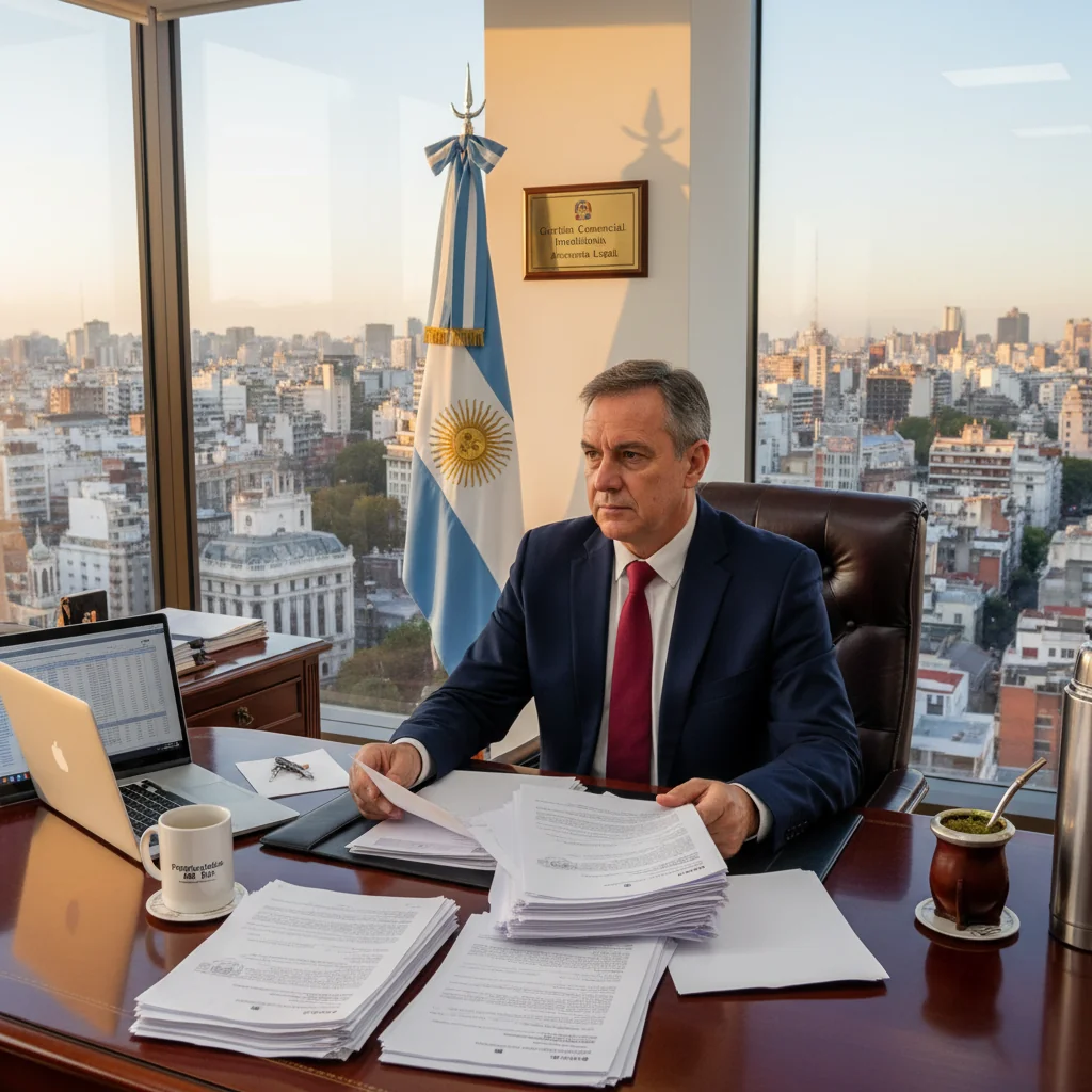 A photorealistic image of a professional business owner in a modern commercial office space in Buenos Aires, Argentina, looking thoughtful while reviewing paperwork on a desk, with subtle Argentine flags or landmarks in the background to evoke the context of commercial eviction notices without focusing on the document itself. The scene conveys a sense of legal and business transition in a commercial setting.