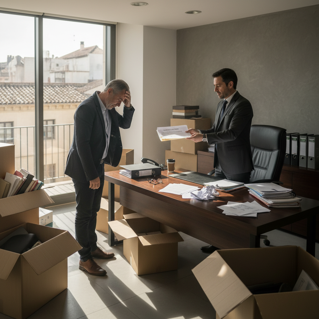 A photorealistic image of a frustrated commercial tenant in a modern office space in Spain, packing up belongings from a desk as an eviction notice is being served by a stern landlord, evoking the tension of non-payment in commercial lease disputes, with Spanish urban backdrop visible through windows, no children present.