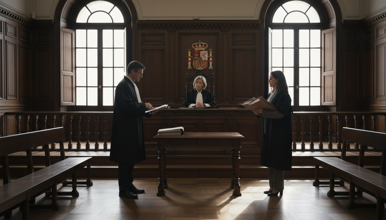 Courtroom eviction hearing scene.