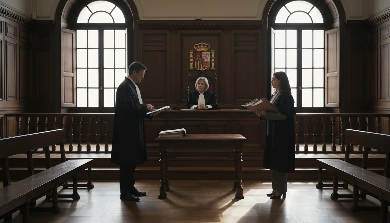 Courtroom eviction hearing scene.