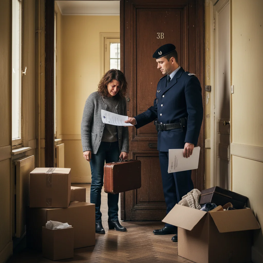 A photorealistic image depicting a tense confrontation between a French police officer and an adult tenant being evicted from a residential apartment building in France. The scene shows the officer presenting official papers while the tenant looks distressed, standing outside the door with moving boxes nearby, emphasizing the purpose of a legal eviction notice without focusing on the document itself. The setting is a typical urban French street with French architecture in the background.