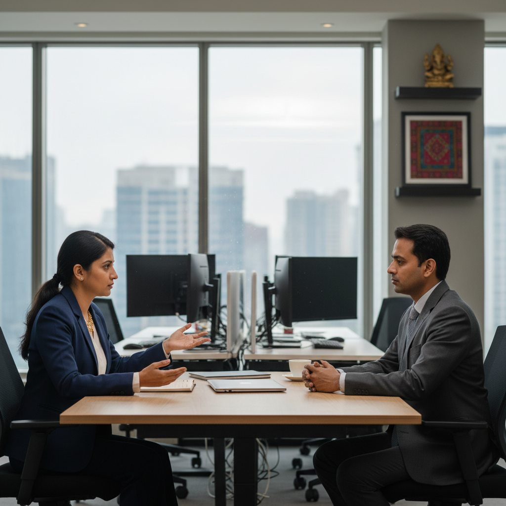 A photorealistic image depicting a professional business meeting in an Indian office setting, where an adult employee is being professionally dismissed by a manager, symbolizing the purpose of commercial termination notice documents. The scene shows adults in formal attire, with a sense of formality and respect, no children present, set against a modern Indian corporate background.