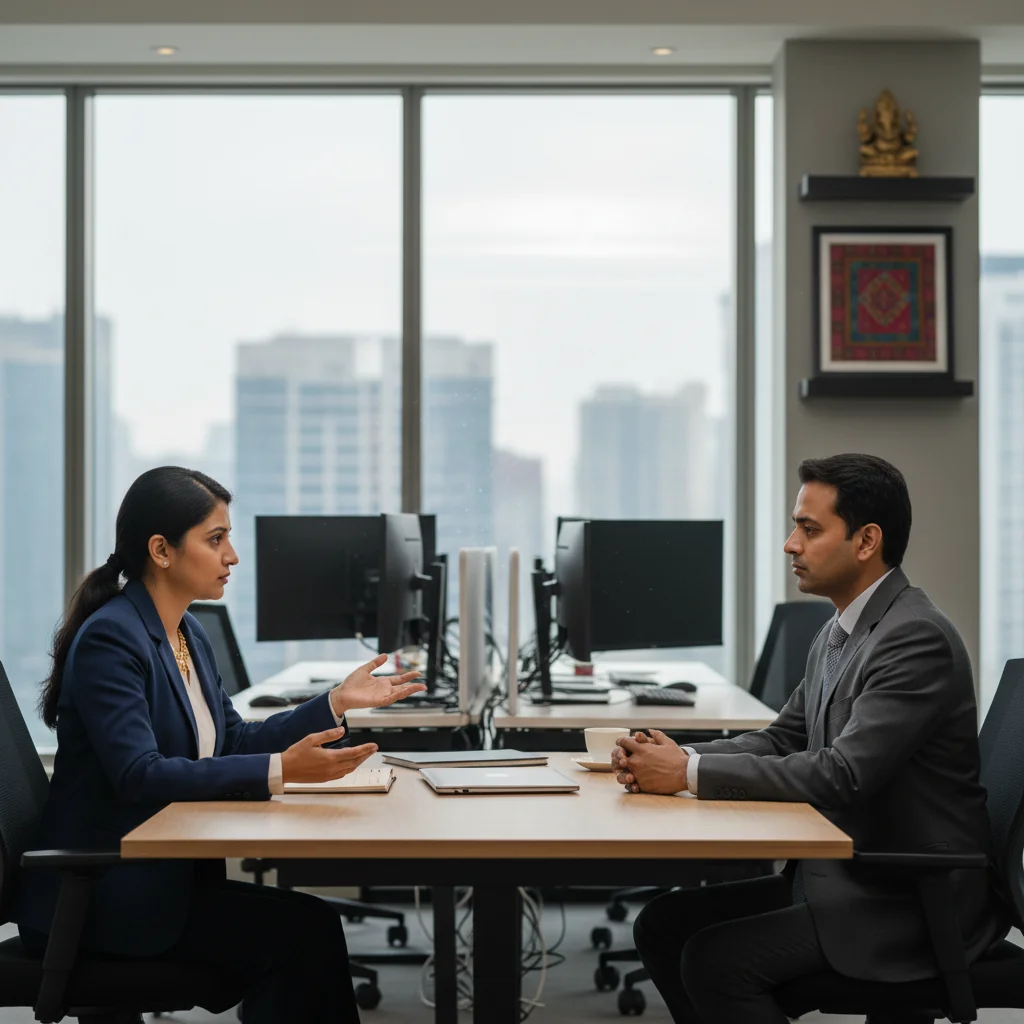 A photorealistic image depicting a professional business meeting in an Indian office setting, where an adult employee is being professionally dismissed by a manager, symbolizing the purpose of commercial termination notice documents. The scene shows adults in formal attire, with a sense of formality and respect, no children present, set against a modern Indian corporate background.