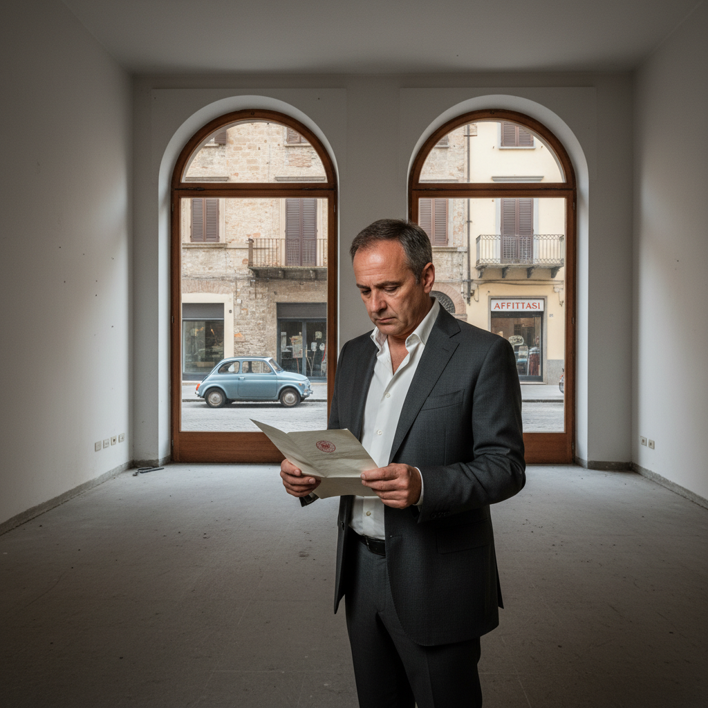 A photorealistic image of a professional business owner in an empty commercial storefront in Italy, looking concerned while holding a notice, symbolizing the process of commercial eviction, with Italian urban elements in the background.