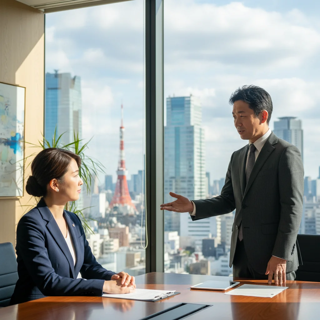 A photorealistic image of a professional businessperson in a modern Japanese office setting, handing over a formal notice to a tenant, symbolizing the process of commercial lease termination in Japan. The scene captures a moment of serious discussion at a desk with subtle Japanese elements like a city skyline view, emphasizing relocation or business transition without showing any documents directly.