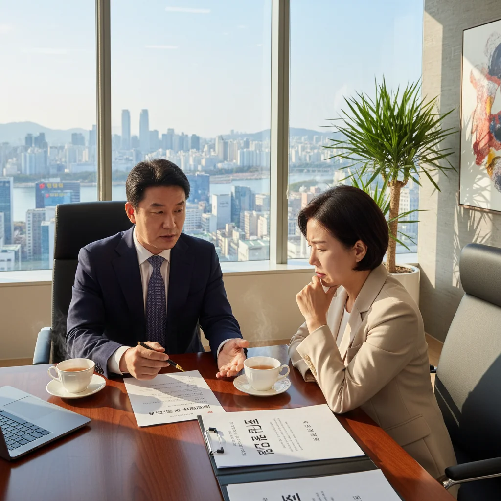 A photorealistic image of a professional South Korean real estate agent in a modern office, discussing a commercial lease agreement with a business owner, symbolizing the protection and notification aspects of commercial building tenancy laws, with subtle Korean urban elements in the background, no children present.