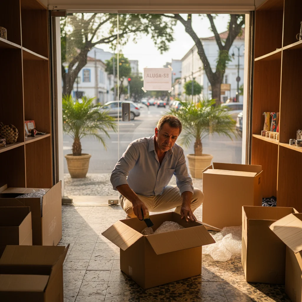 A photorealistic image of a professional adult business owner looking concerned while packing boxes in a small commercial storefront in Brazil, with eviction notice elements subtly implied through the scene, such as a 'For Lease' sign on the window, set against a urban Brazilian street background, no children present.
