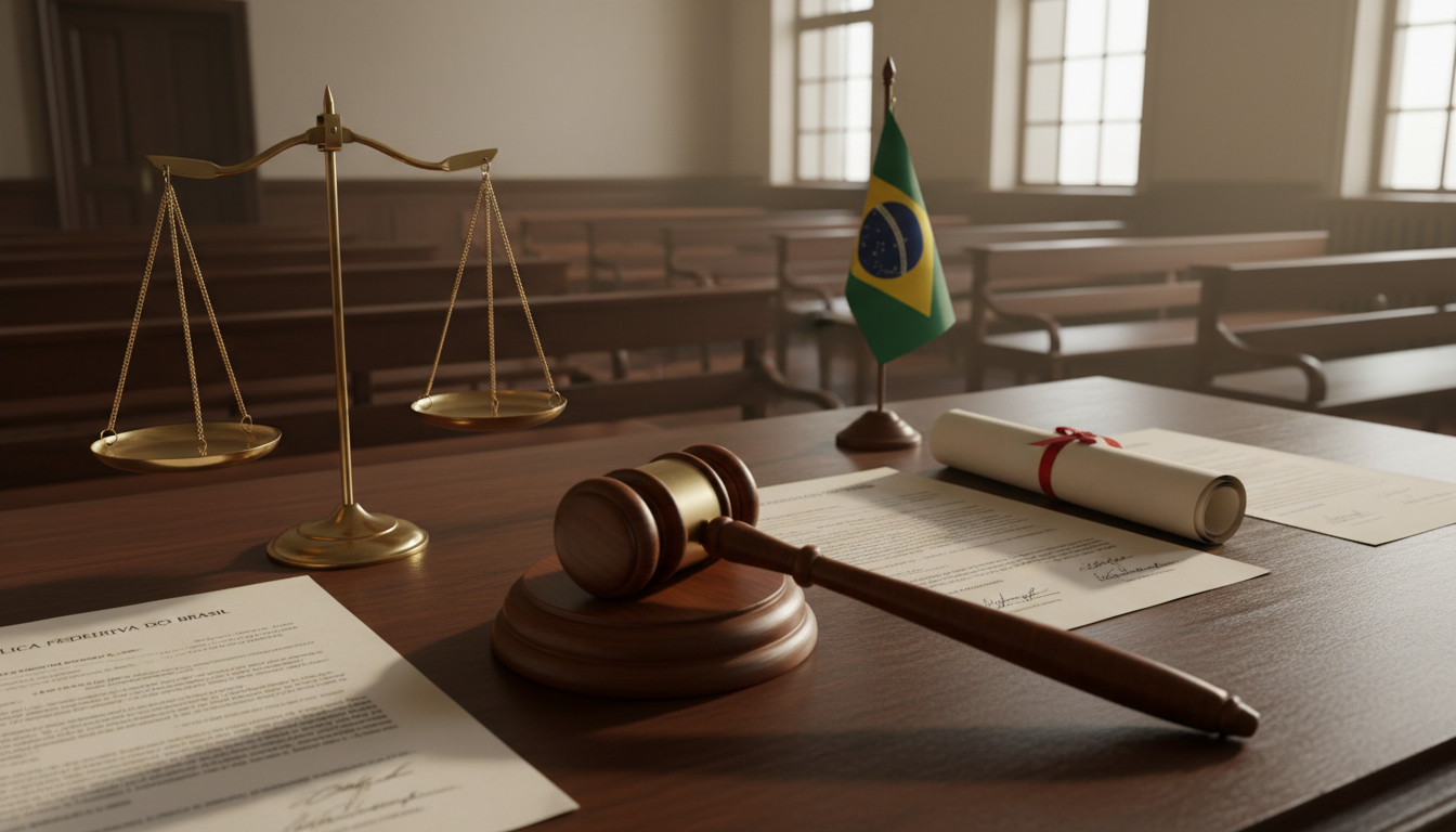 Gavel and scales in Brazilian courtroom.